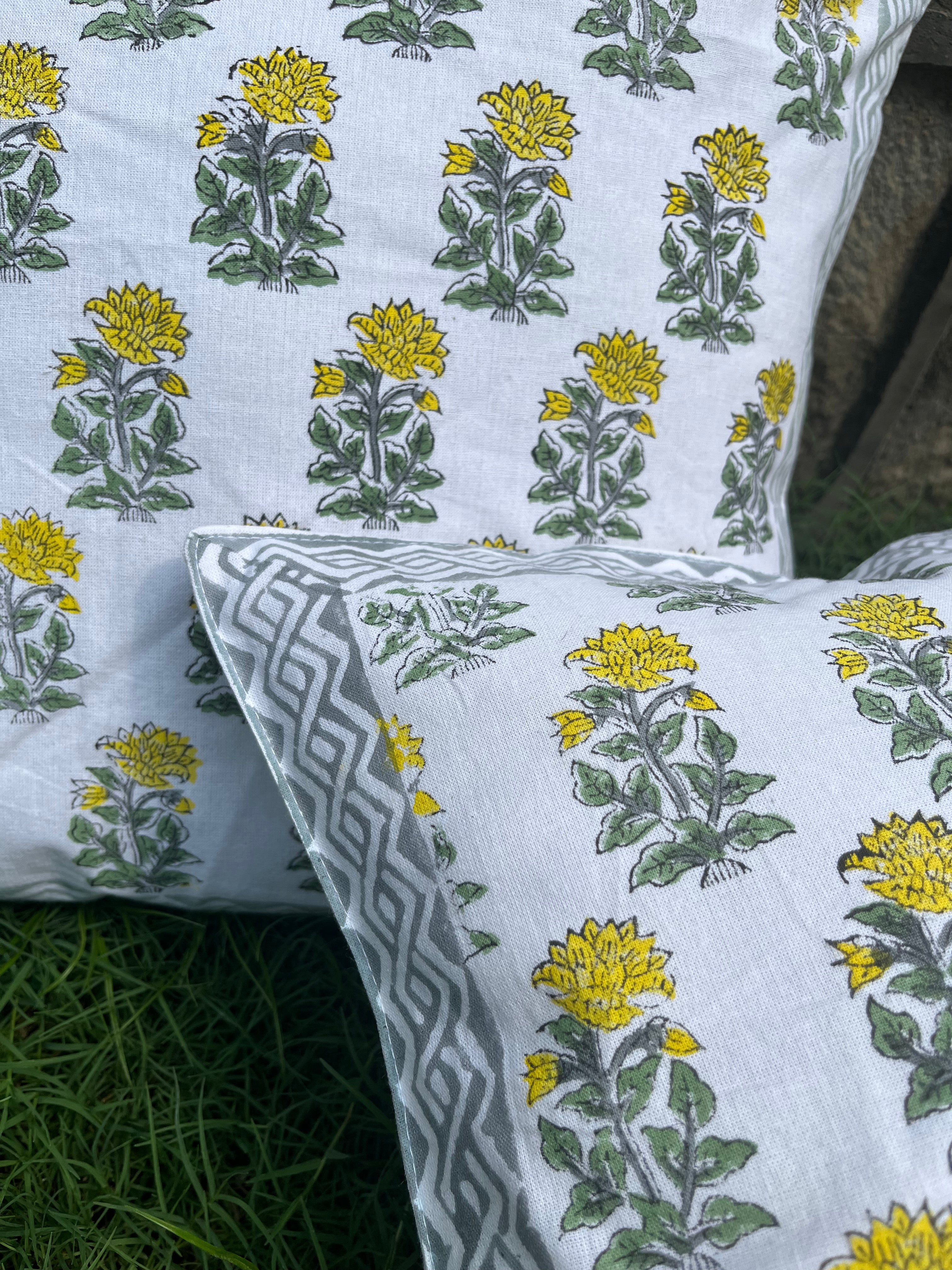 Cotton Cushion Cover Green Floral Booti Block Print