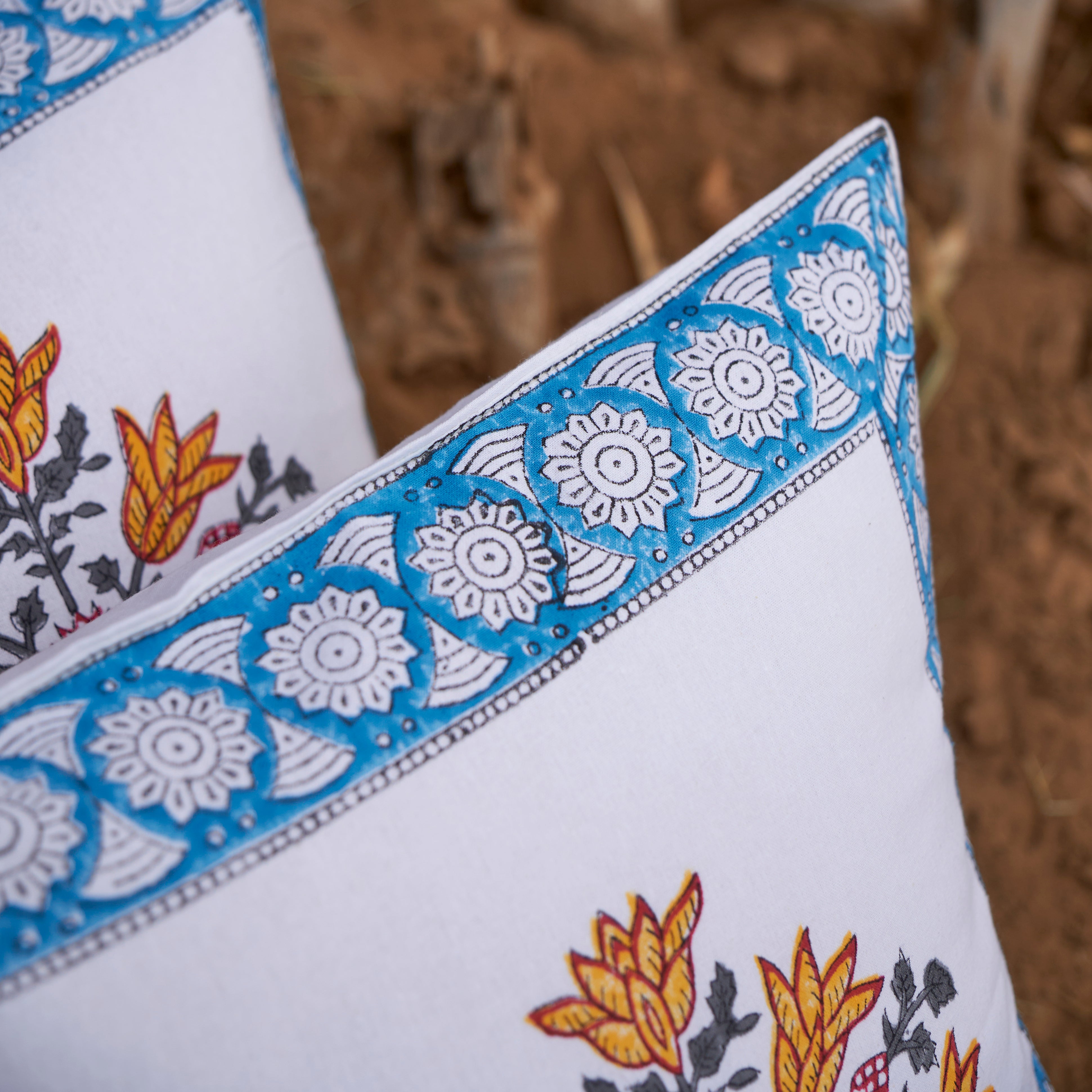 Cotton Cushion Cover Dodger-Yellow Floral Hand Block Print