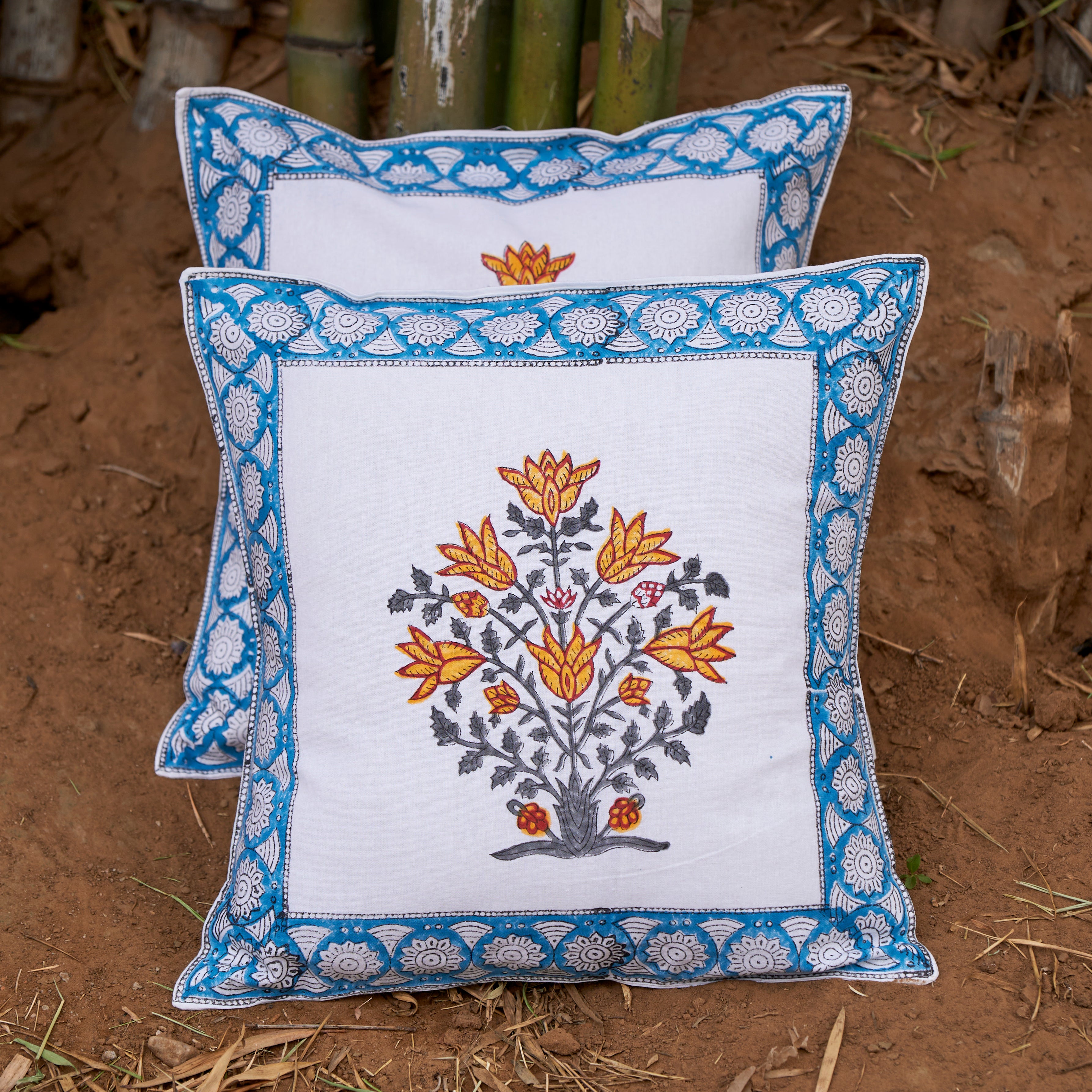 Cotton Cushion Cover Dodger-Yellow Floral Hand Block Print