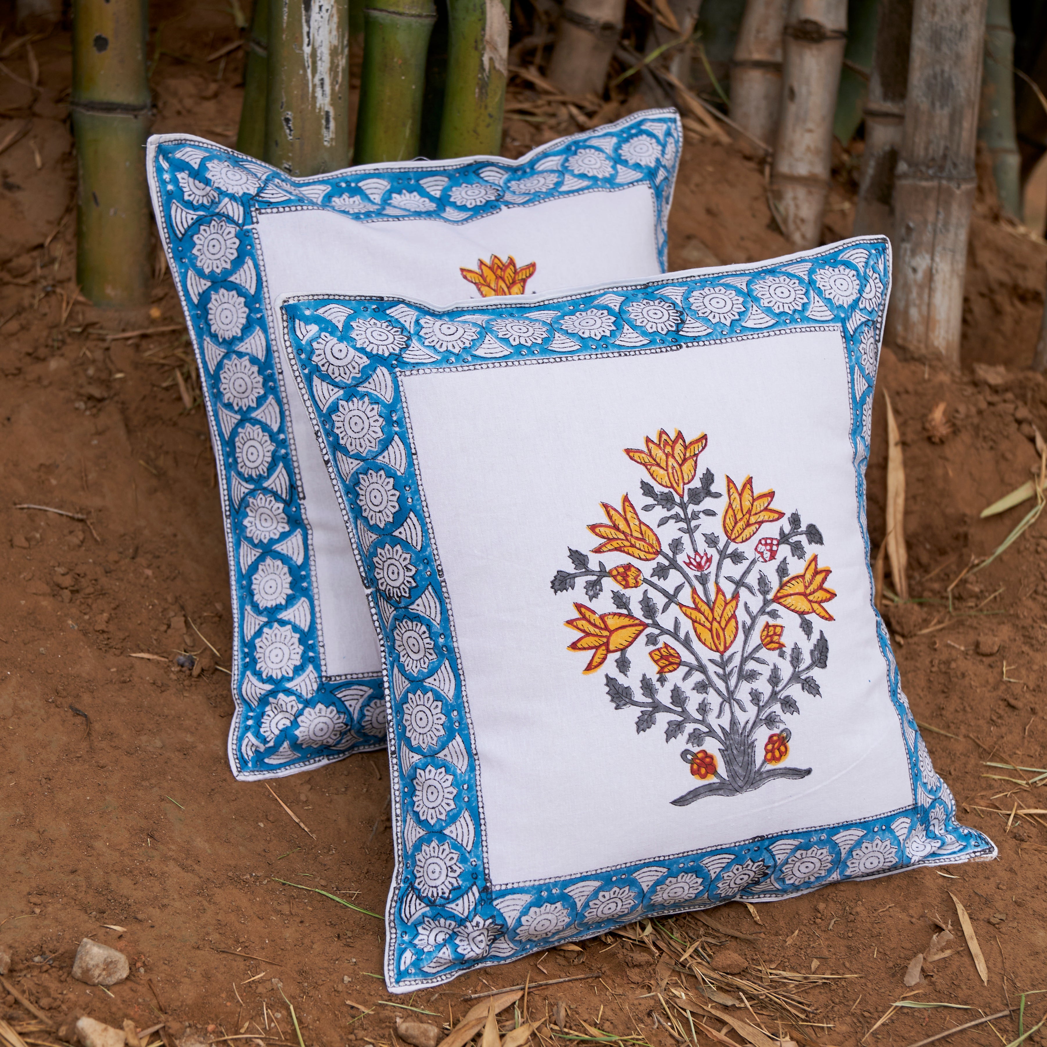 Cotton Cushion Cover Dodger-Yellow Floral Hand Block Print