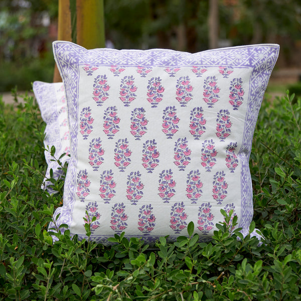 Cotton Cushion Cover Blue-Pink Morning Glory Floral Hand Block Print