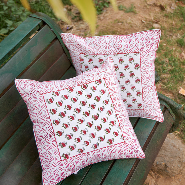 Cotton Cushion Cover Red Cherry Blossom Floral Block Print