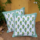 Cotton Cushion Cover Green Gerbera Floral Hand Block Print
