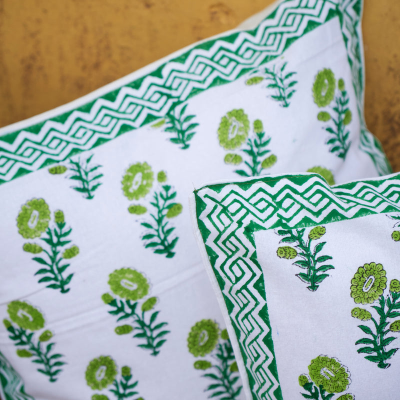 Cotton Cushion Cover Green Gerbera Floral Hand Block Print