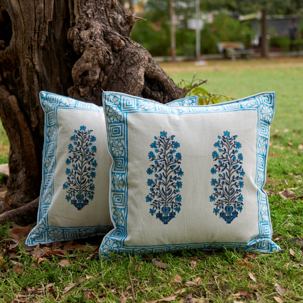Cotton Cushion Cover Pacific Blue Floral Hand Block Print