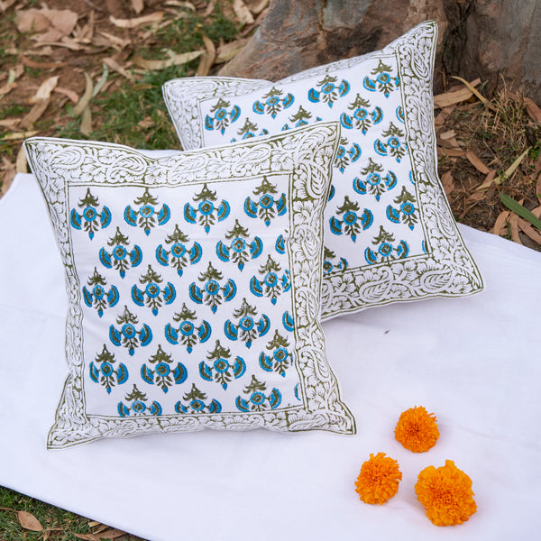 Cotton Cushion Cover Green Gerbera Blue Floral Hand Block Print