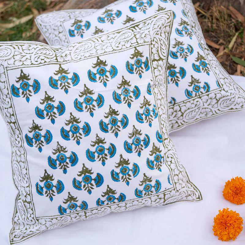 Cotton Cushion Cover Green Gerbera Blue Floral Hand Block Print