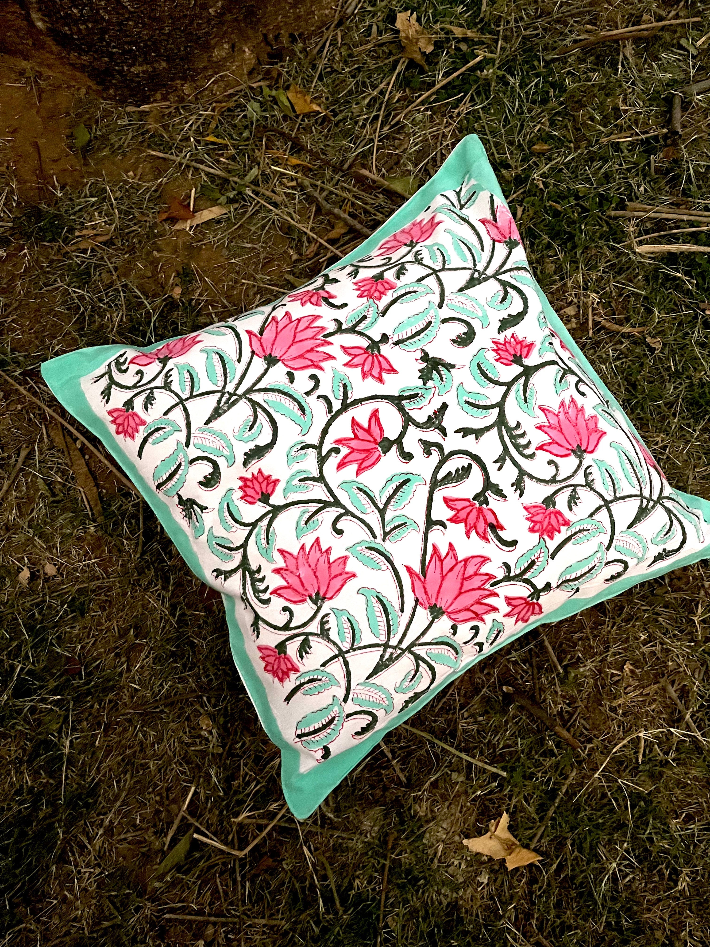 Cotton Cushion Cover Pink Green Jall Block Print