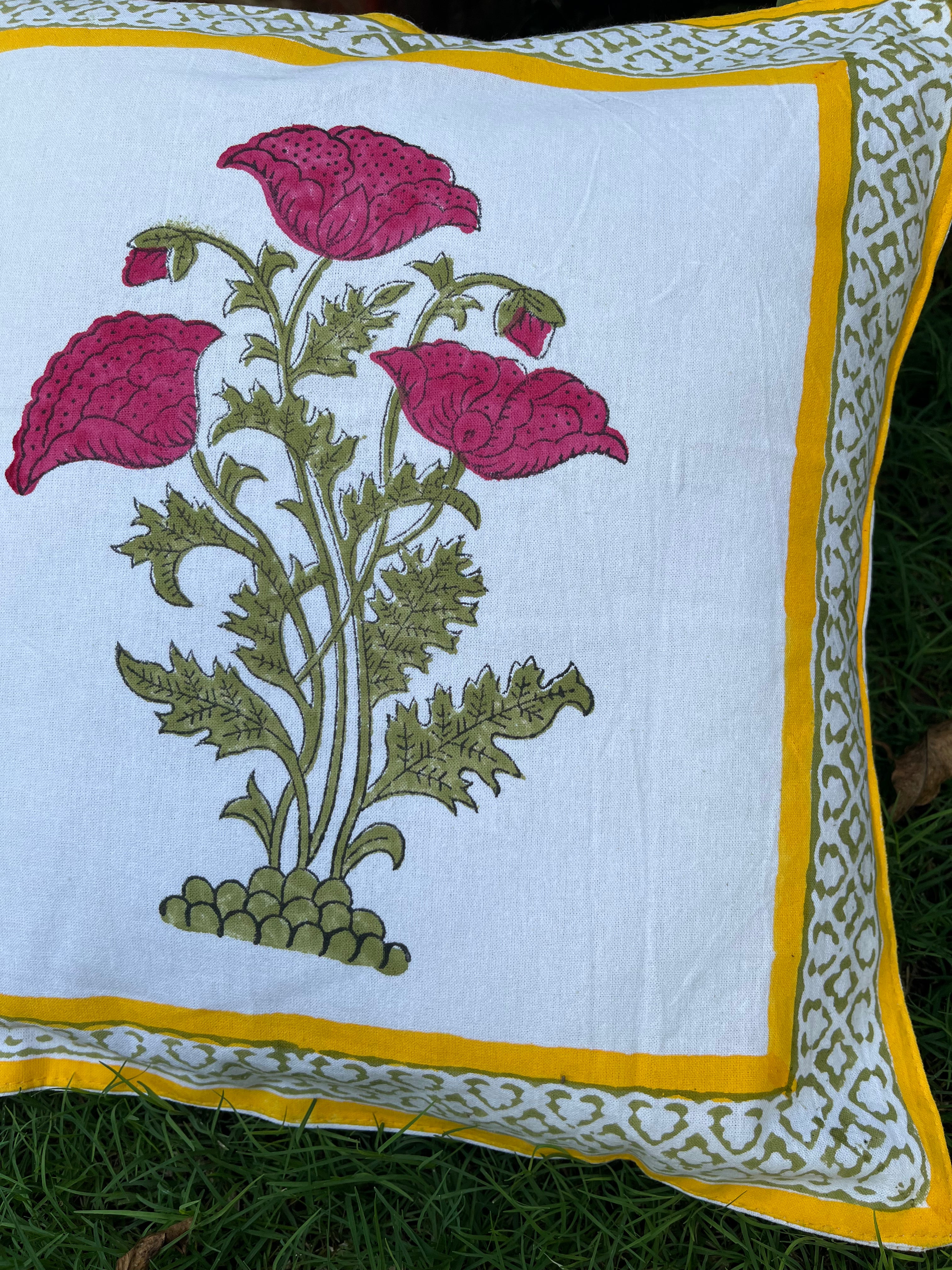 Cotton Cushion Cover Red Yellow Jade Pine Floral Block Print