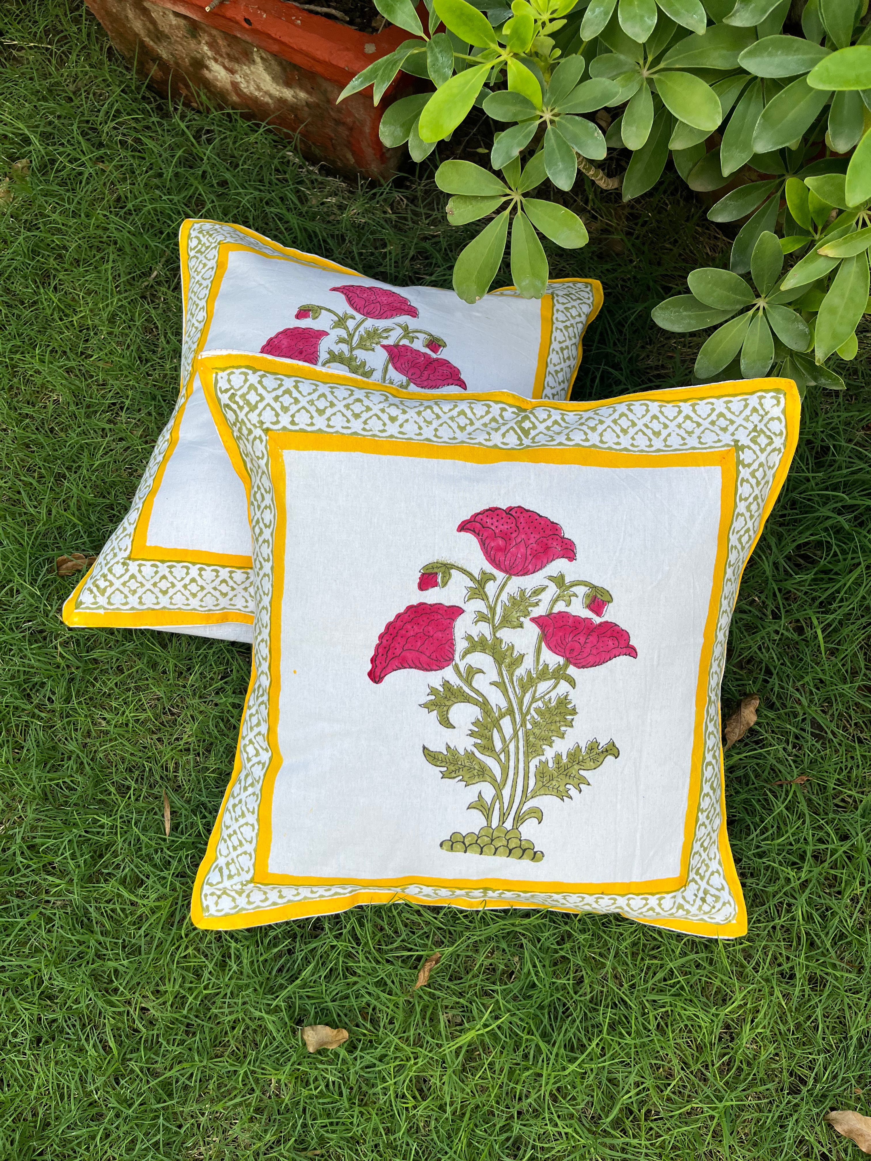 Cotton Cushion Cover Red Yellow Jade Pine Floral Block Print