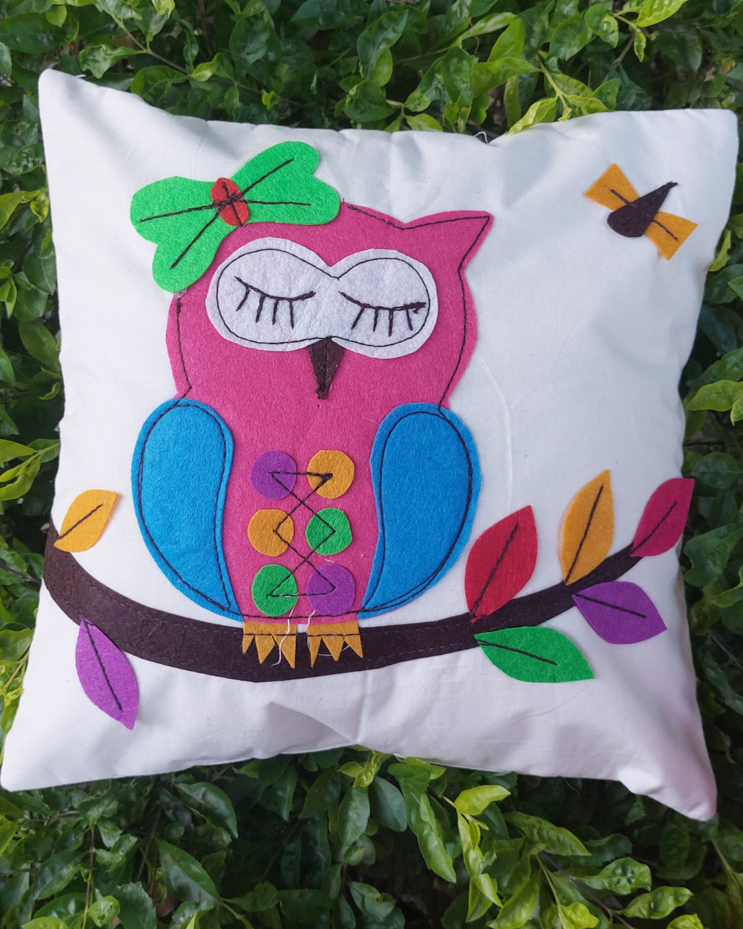 Khadi Cotton Cushion Cover Multicolor Owl Patchwork