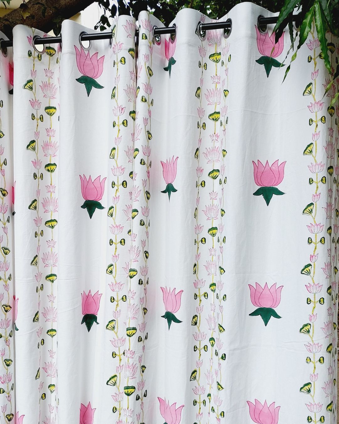Drill Cotton Curtain Pink lotus flower Bel Block Print