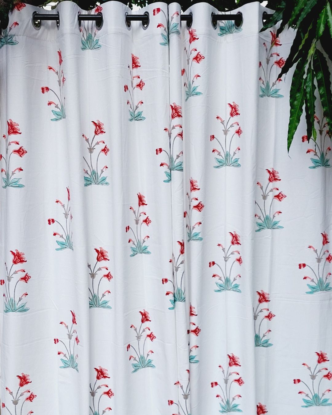 Drill Cotton Curtain Red-Green Orchids Block Print