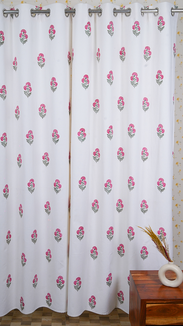 Drill Cotton Curtain Pink-Green Floral Block Print
