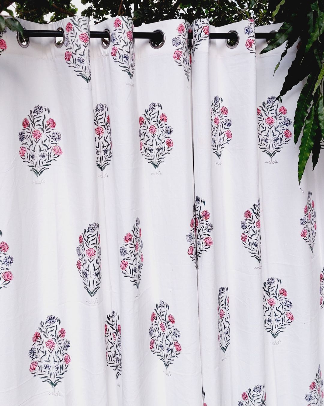Drill Cotton Curtain Green-Pink Floral  Block Print
