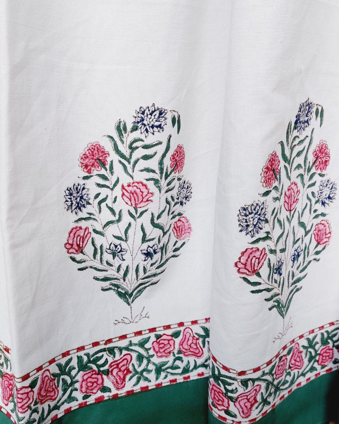 Drill Cotton Curtain Green-Pink Floral  Block Print