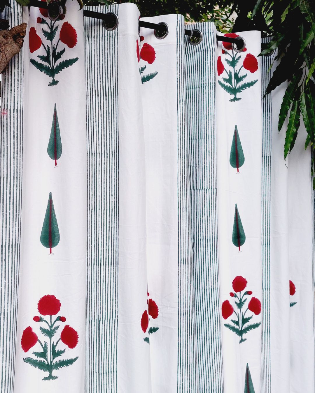 Drill Cotton Curtain Green-Red Fern Leaf Boota Block Print