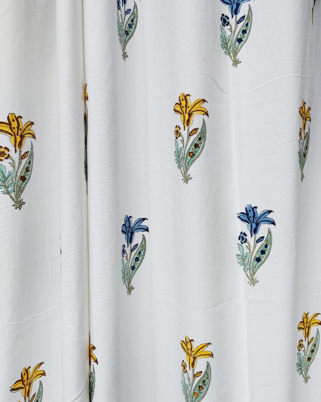Drill Cotton Curtain Yellow-Blue Floral Boota Block Print