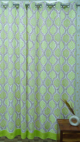 Cotton Green-Pink Leaf Curtain Block Print