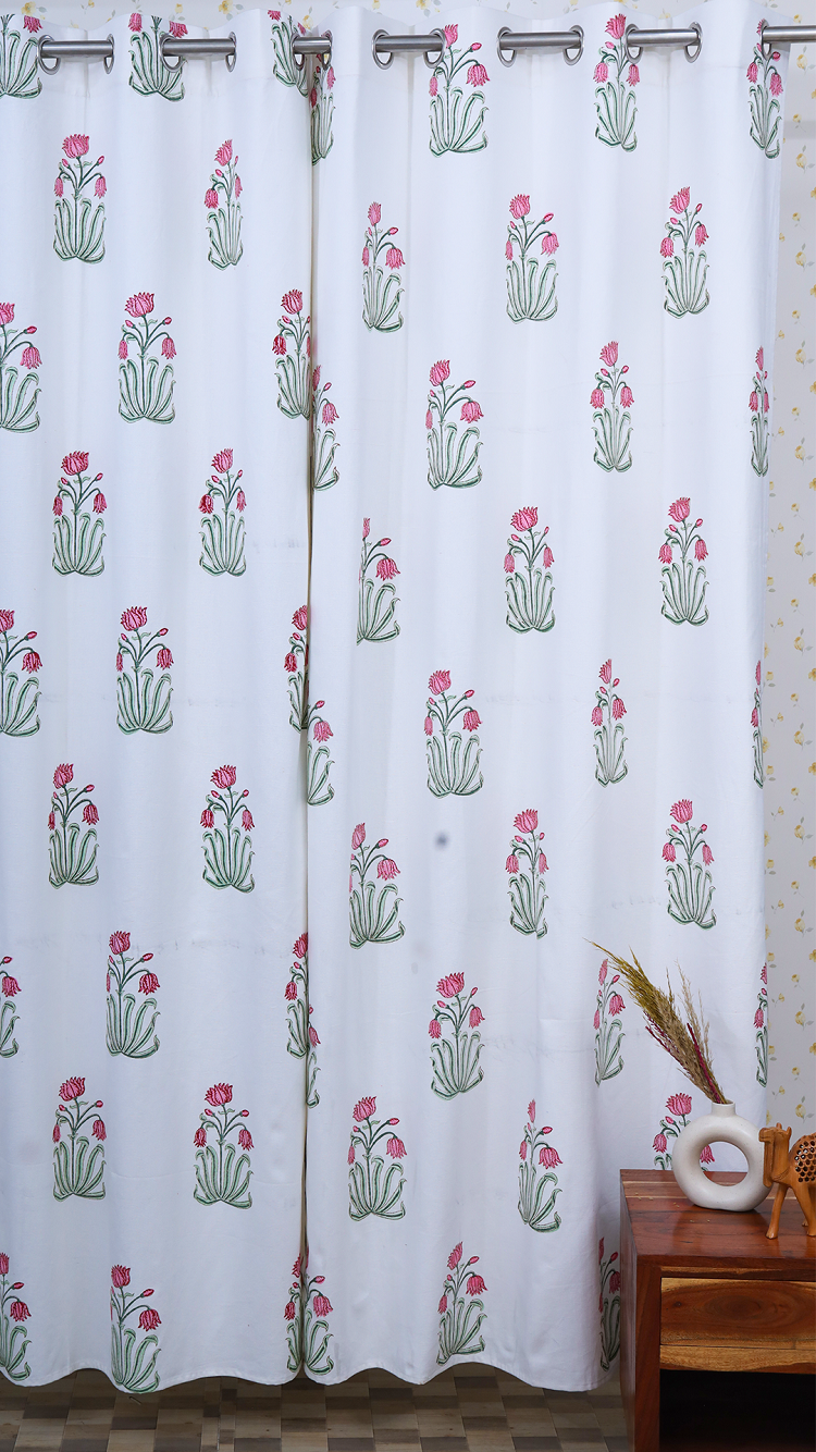 Drill Cotton Curtain Pink-Green Orchids Block Print