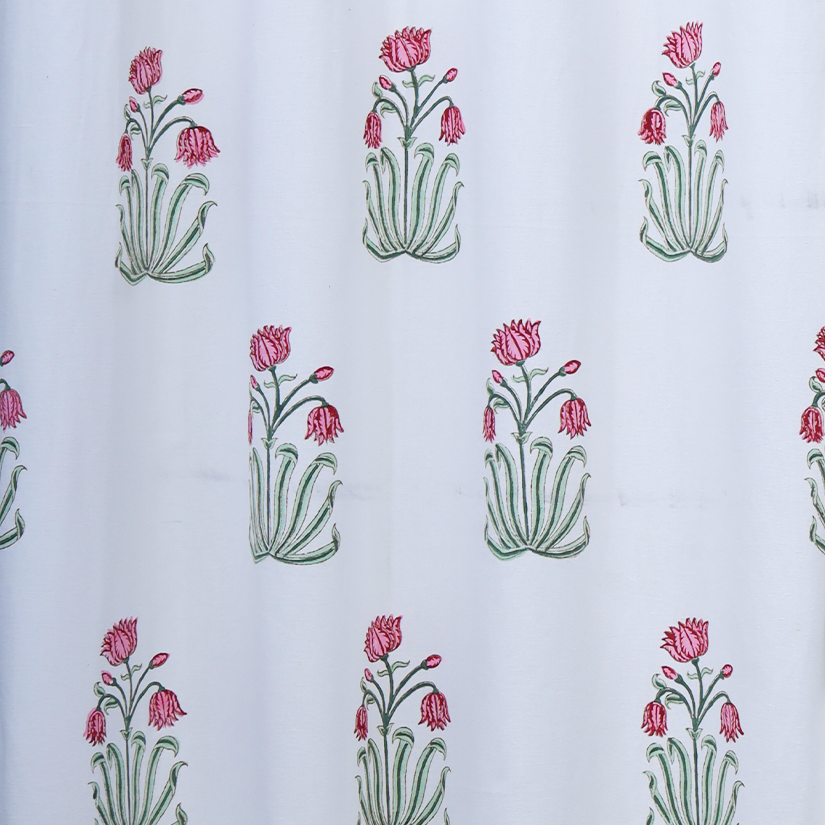 Drill Cotton Curtain Pink-Green Orchids Block Print