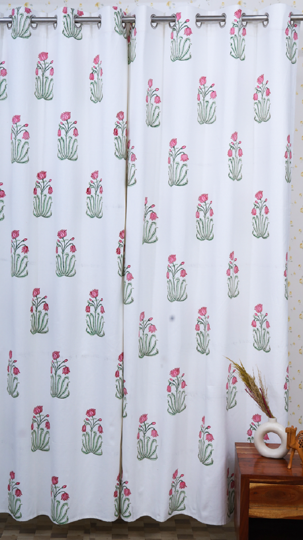 Drill Cotton Curtain Pink-Green Orchids Block Print