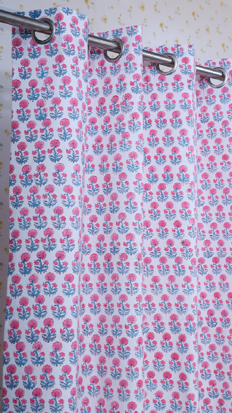 Drill Cotton Curtain White Pink Floral Block Print
