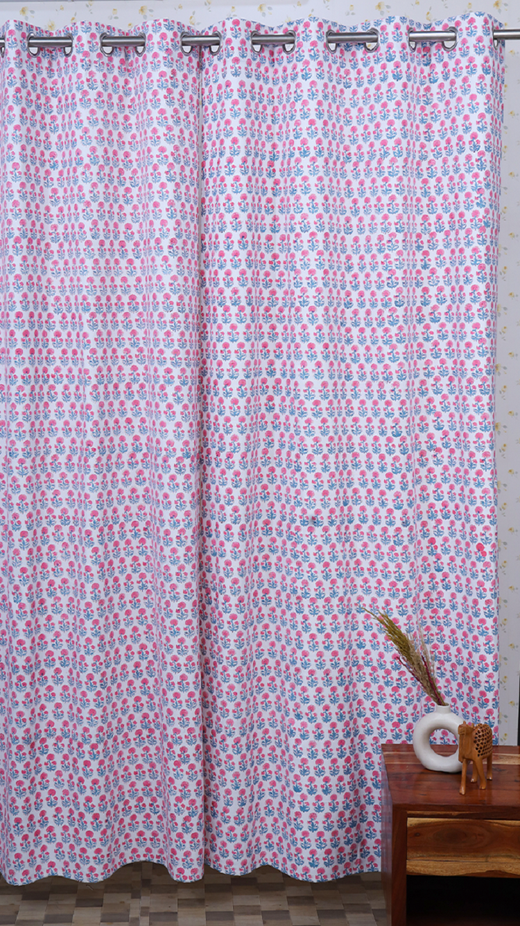 Drill Cotton Curtain White Pink Floral Block Print