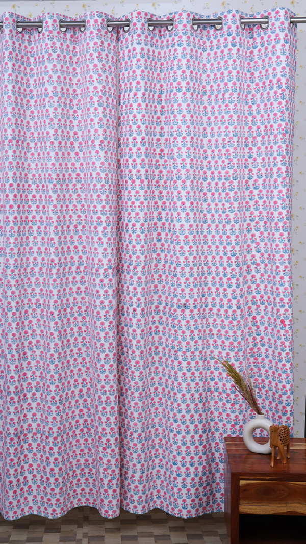 Drill Cotton Curtain White Pink Floral Block Print