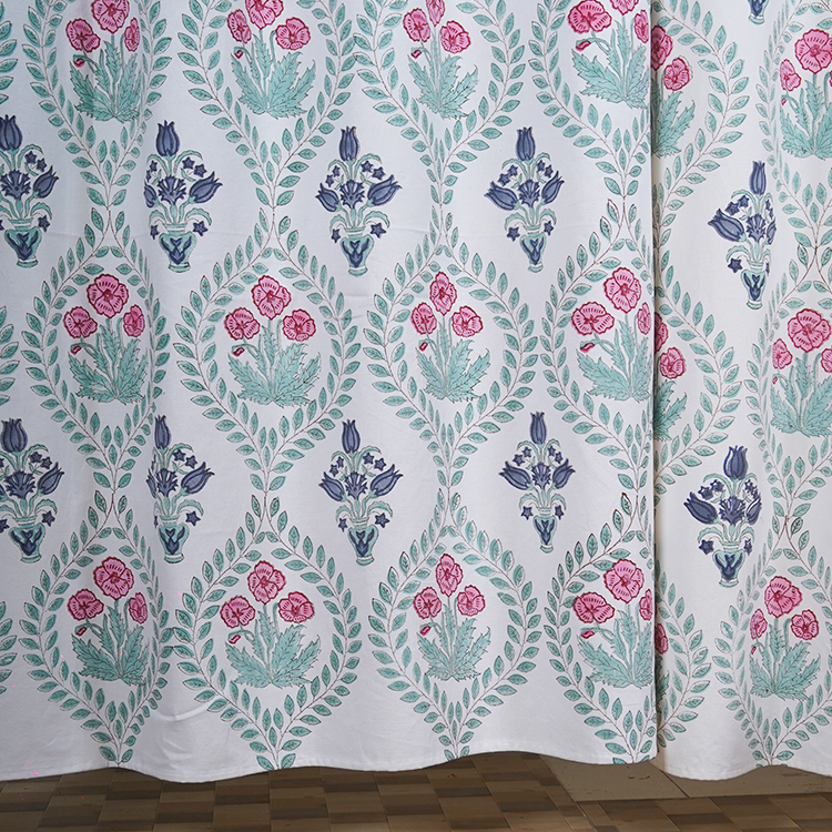 Drill Cotton Curtain Pink-Teal Green Floral Block Print