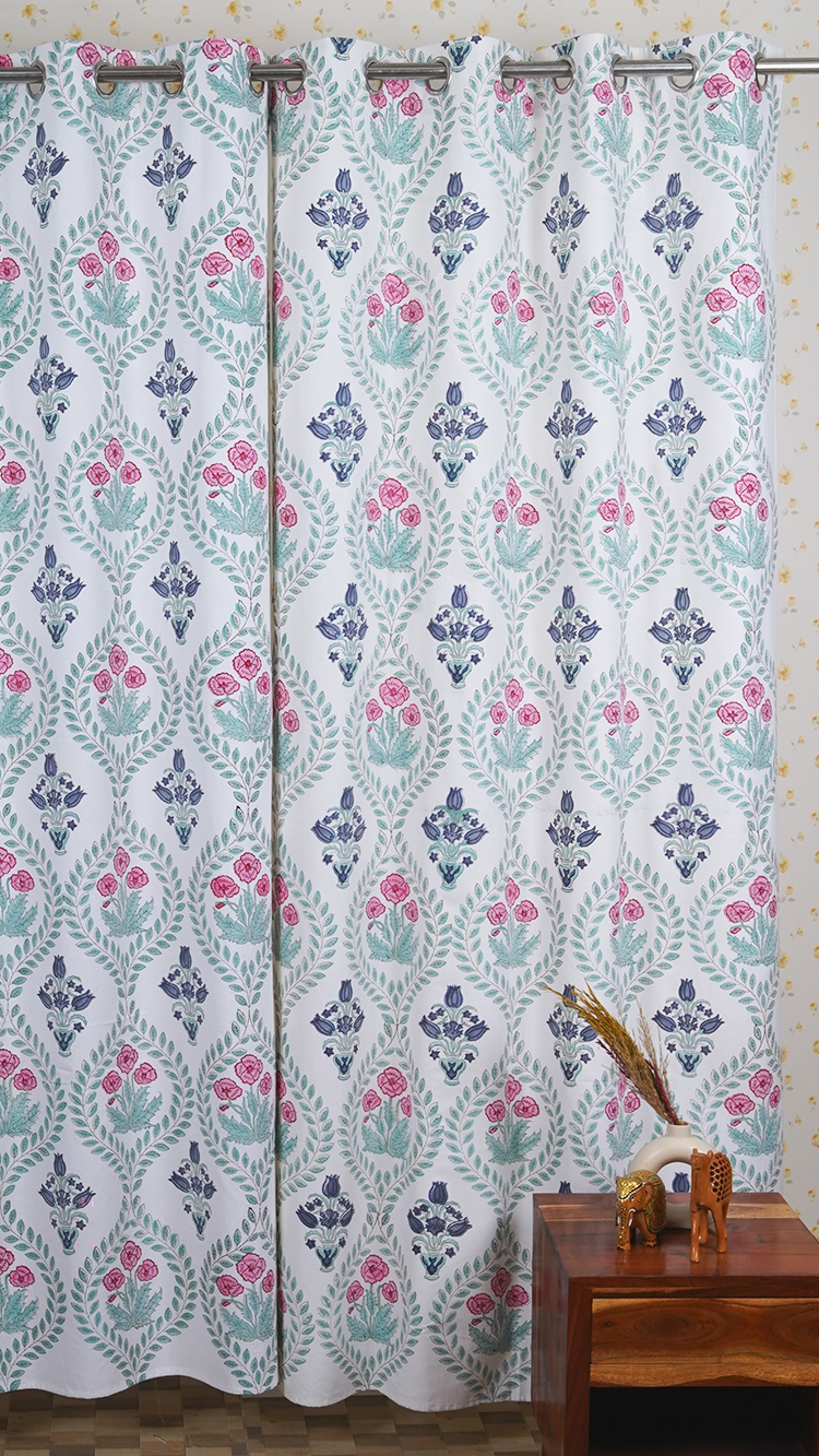 Drill Cotton Curtain Pink-Teal Green Floral Block Print