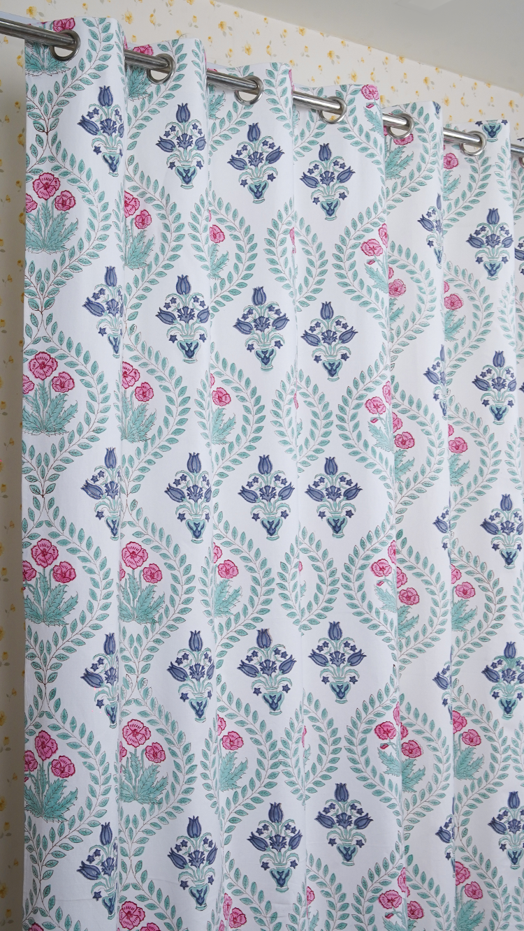 Drill Cotton Curtain Pink-Teal Green Floral Block Print