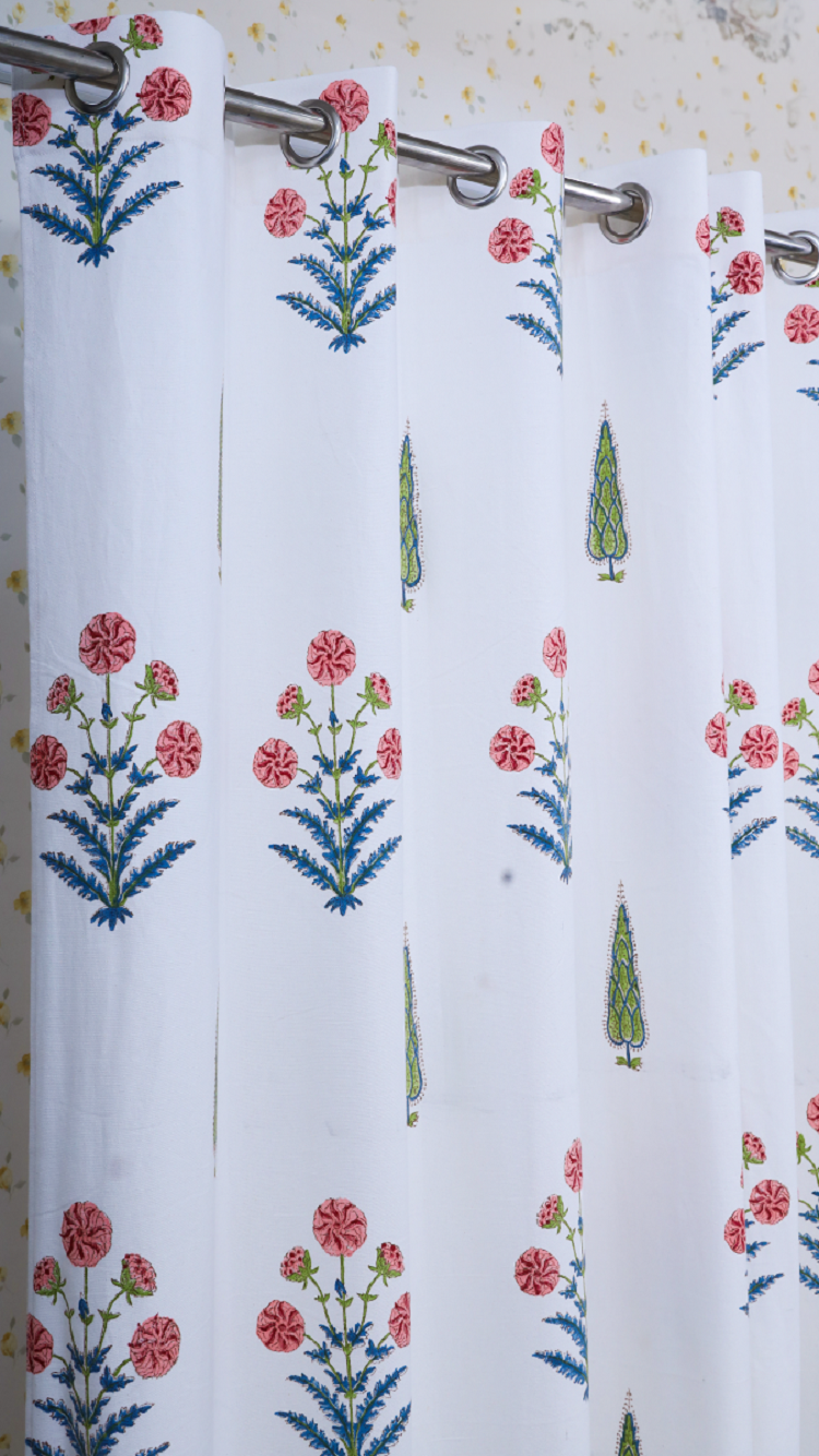 Drill Cotton Curtain Pink-Blue Floral Pot Block Print