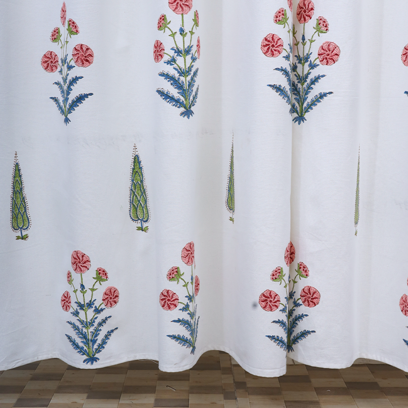 Drill Cotton Curtain Pink-Blue Floral Pot Block Print