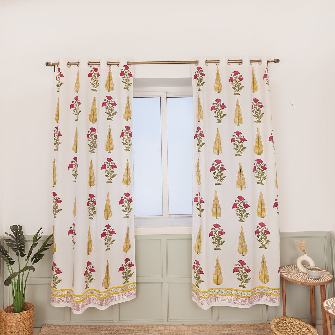 Cotton Curtain Red-Yellow Leaf Floral Block Print