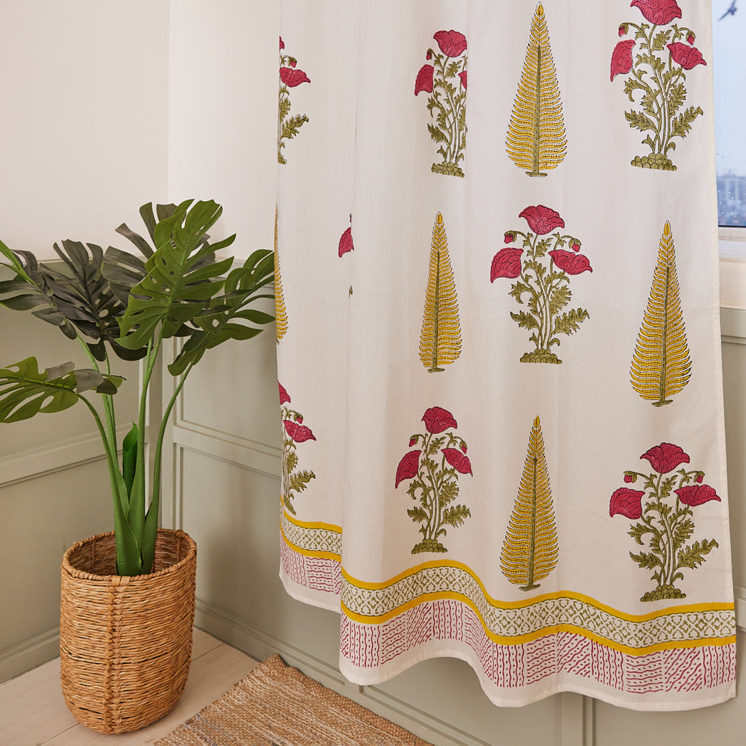 Cotton Curtain Red-Yellow Leaf Floral Block Print