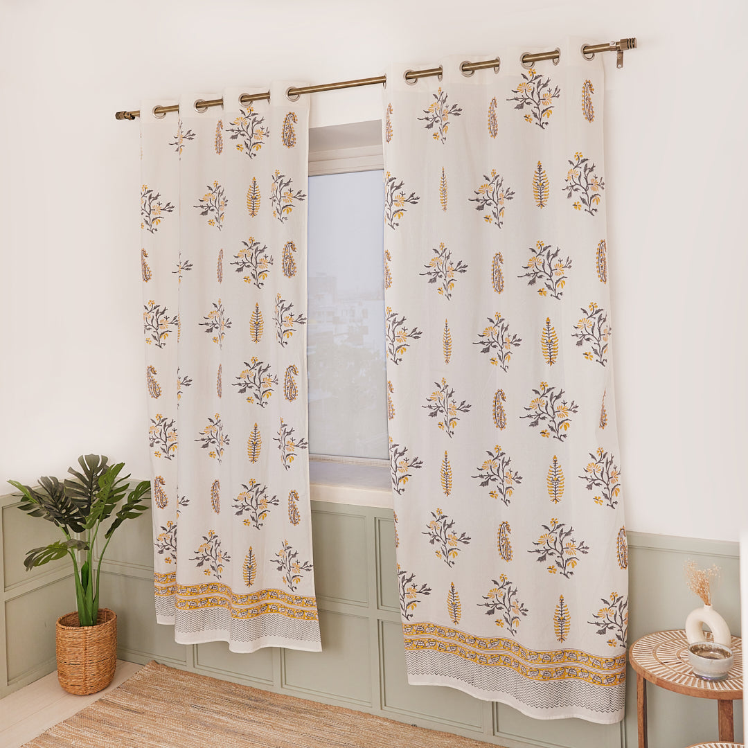 Cotton Curtain Mustard-Grey Leaf Boota Block Print