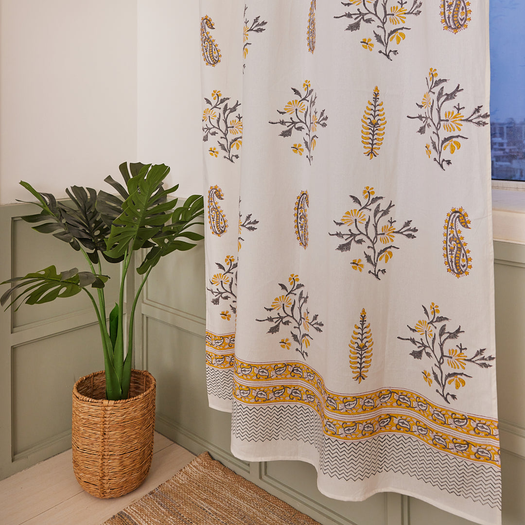 Cotton Curtain Mustard-Grey Leaf Boota Block Print