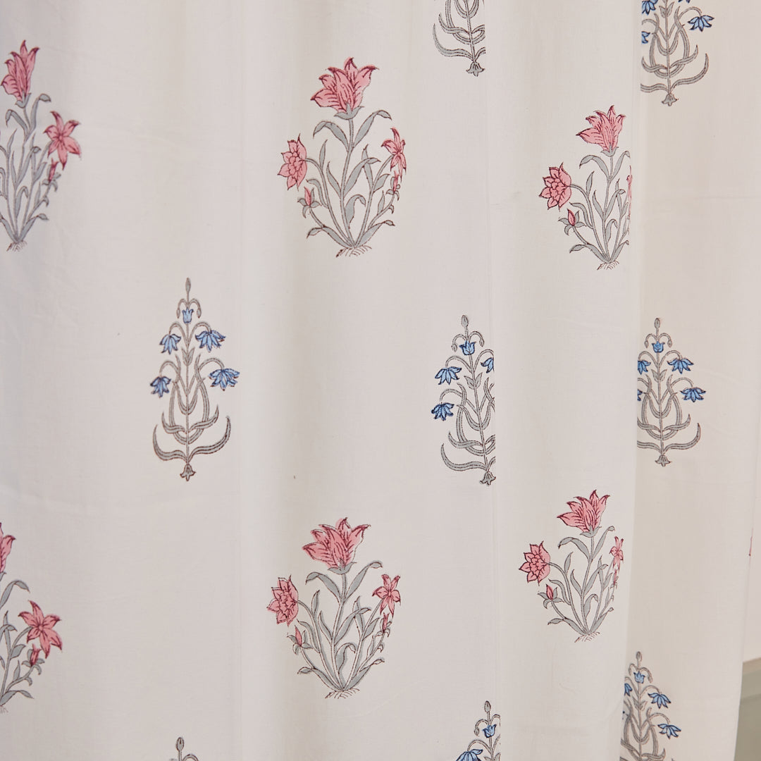 Drill Cotton Curtain Grey-Blue Floral Block Print