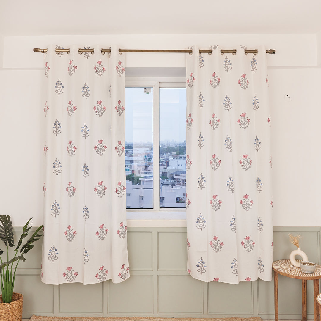Drill Cotton Curtain Grey-Blue Floral Block Print