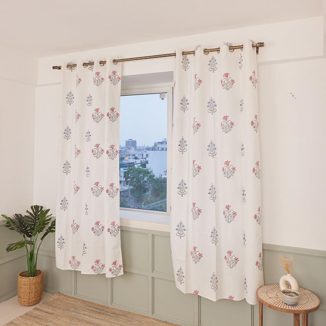 Drill Cotton Curtain Grey-Blue Floral Block Print