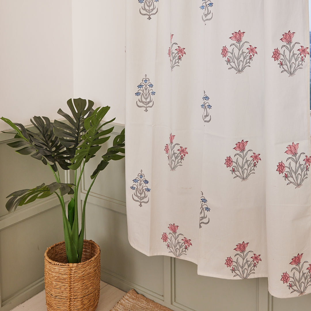 Drill Cotton Curtain Grey-Blue Floral Block Print