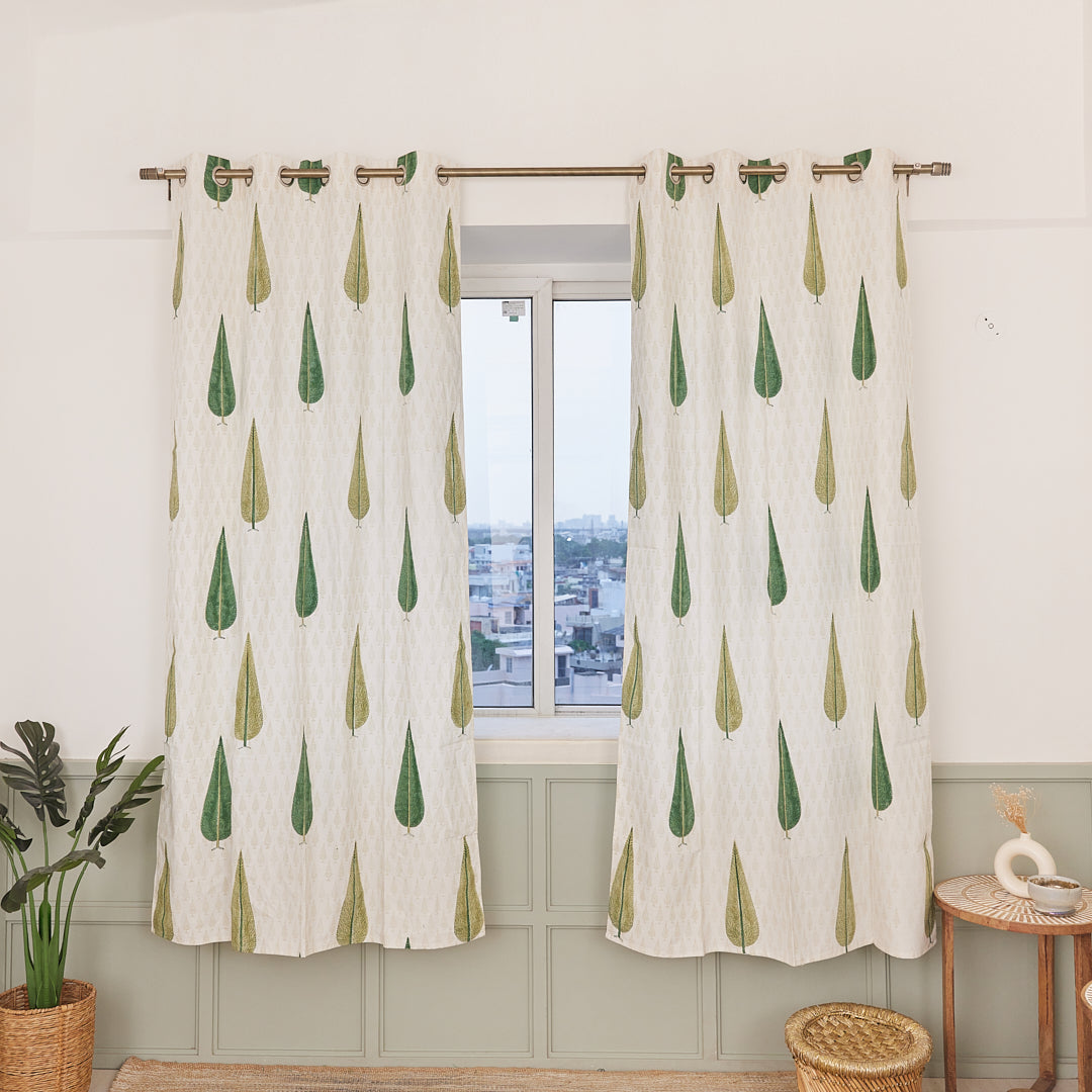 Drill Cotton Curtain Green Jade Pine Block Print