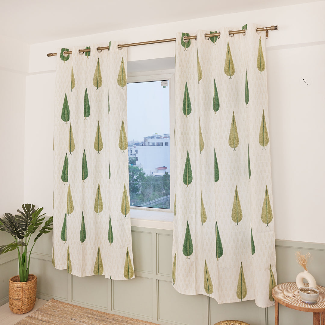 Drill Cotton Curtain Green Jade Pine Block Print