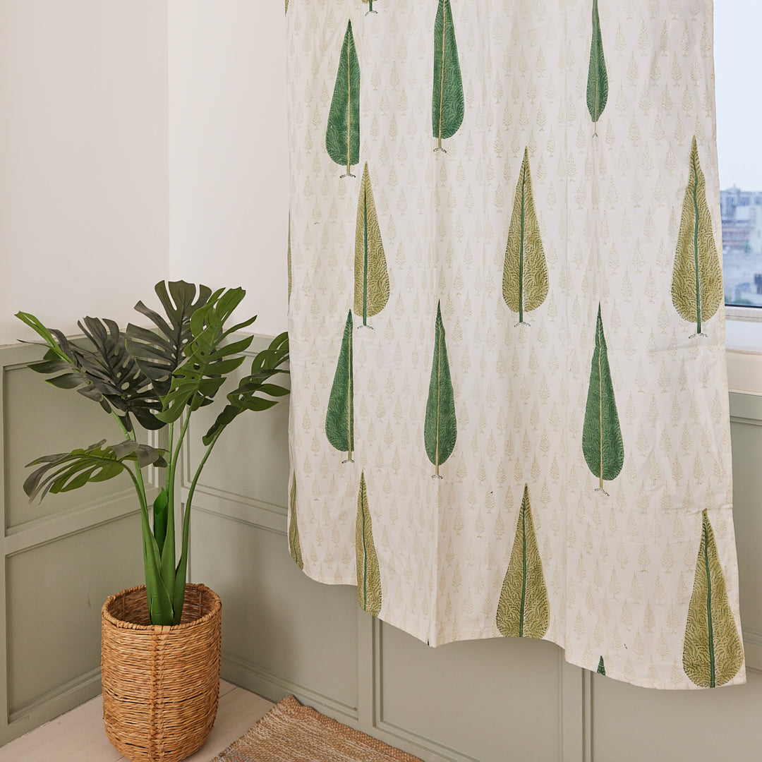 Drill Cotton Curtain Green Jade Pine Block Print
