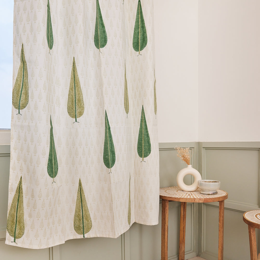 Drill Cotton Curtain Green Jade Pine Block Print