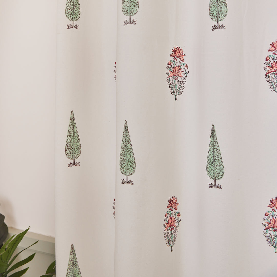 Drill Cotton Curtain Pink-Green Leaf Block Print