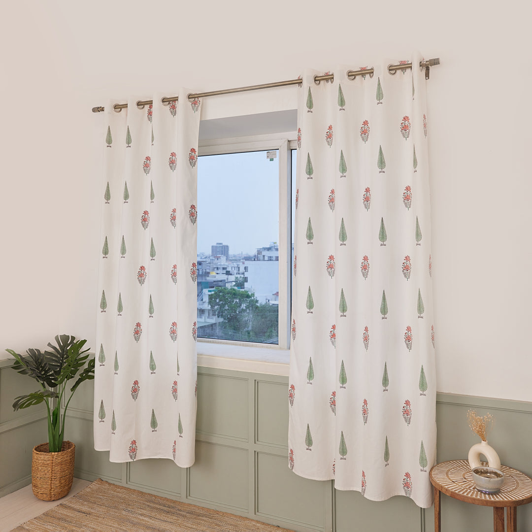 Drill Cotton Curtain Pink-Green Leaf Block Print