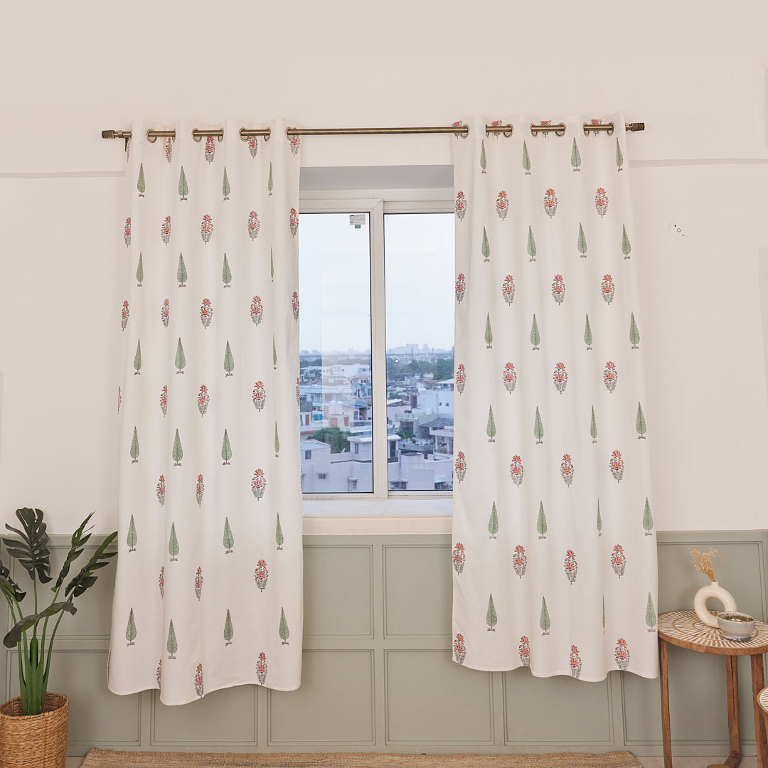 Drill Cotton Curtain Pink-Green Leaf Block Print