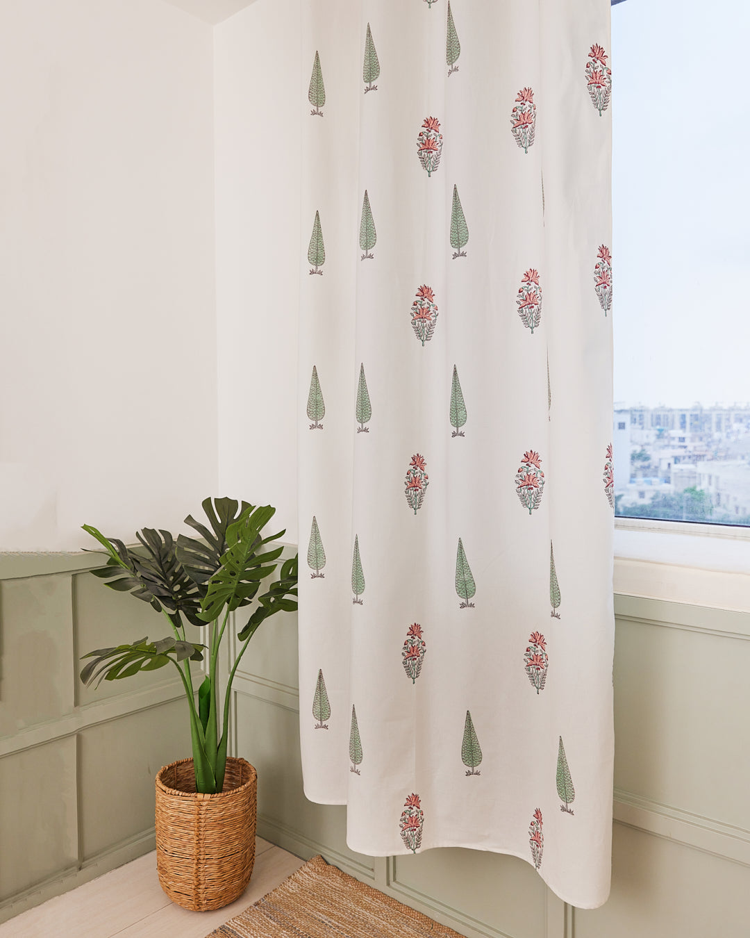 Drill Cotton Curtain Pink-Green Leaf Block Print